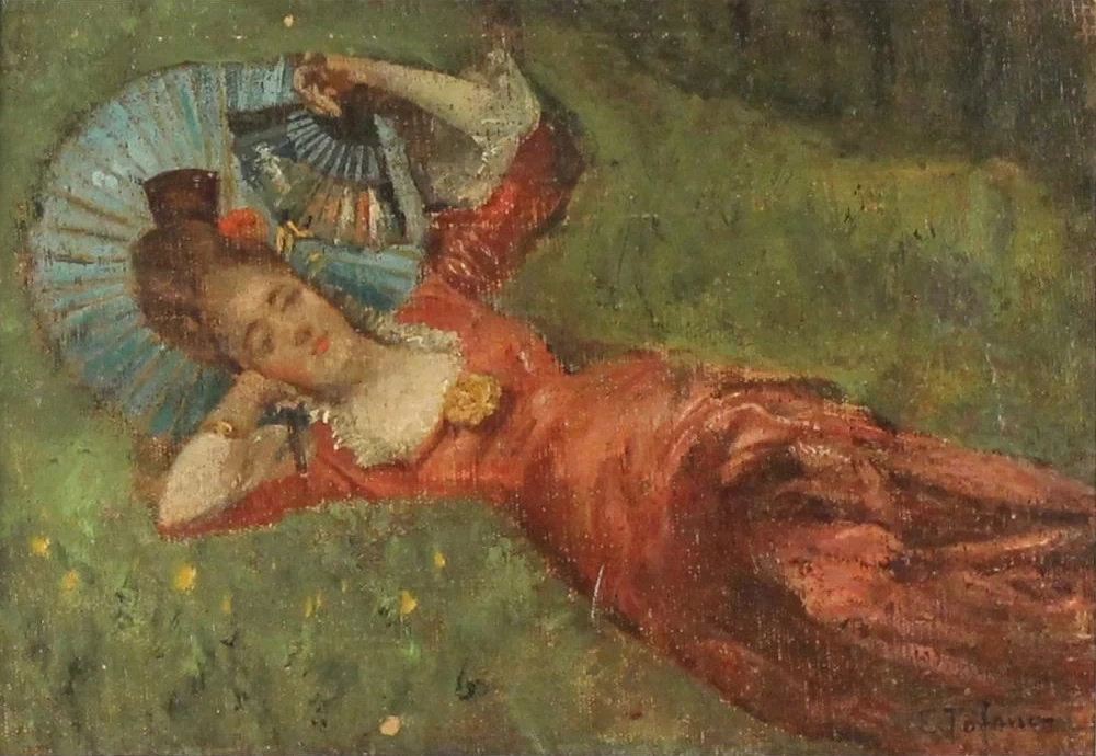 Figura di donna nel prato con ventaglio